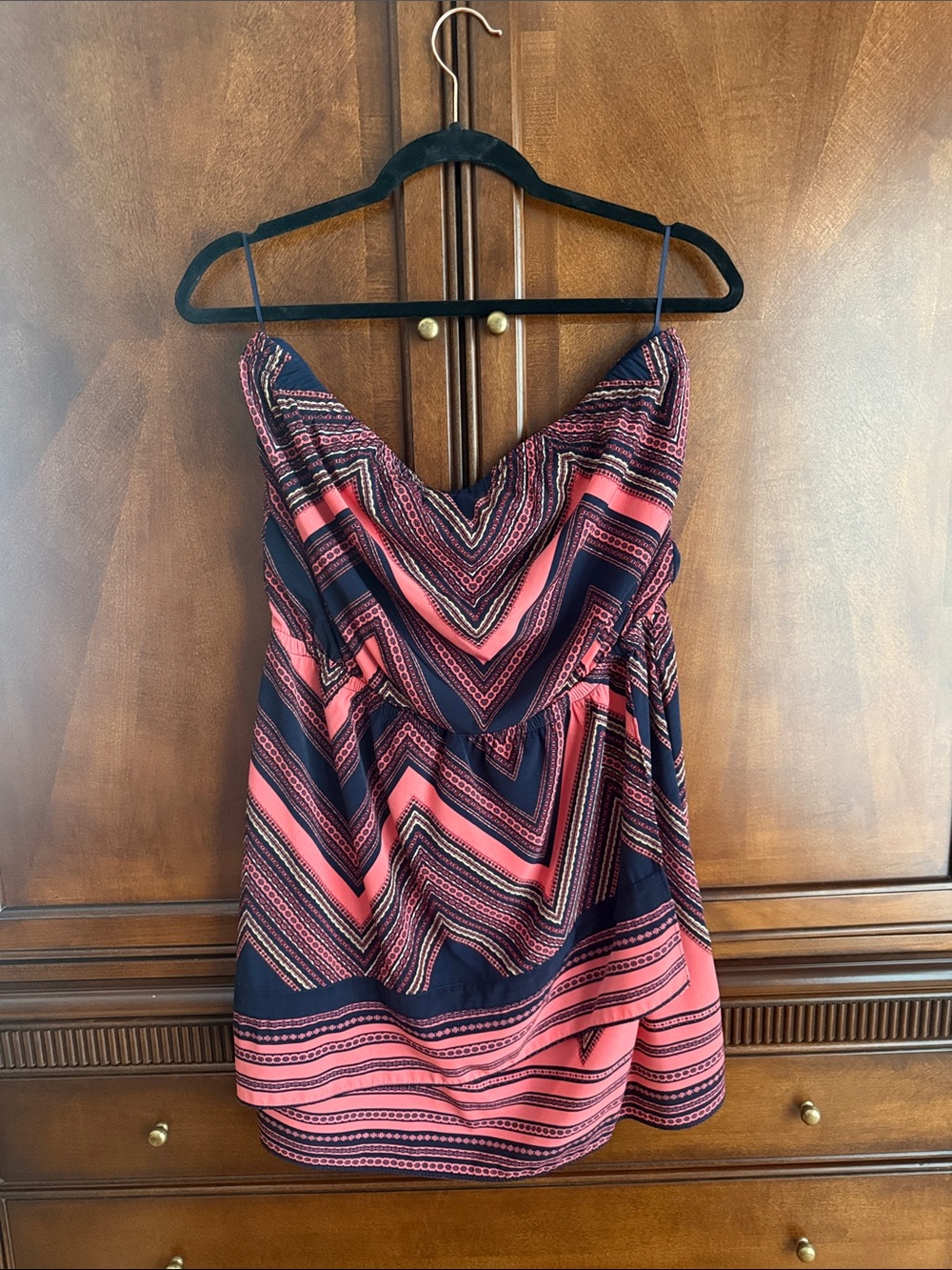 Express Strapless Chevron Mini Dress in Coral and Navy